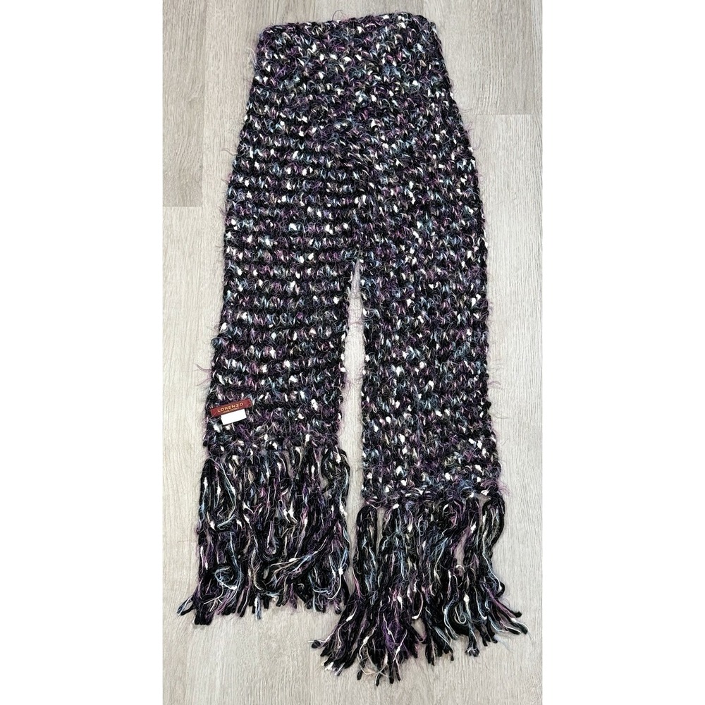 Lorenzo Luxury Wool Blend Metallic Scarf Fringe Purple Black Made In Italy NWOT